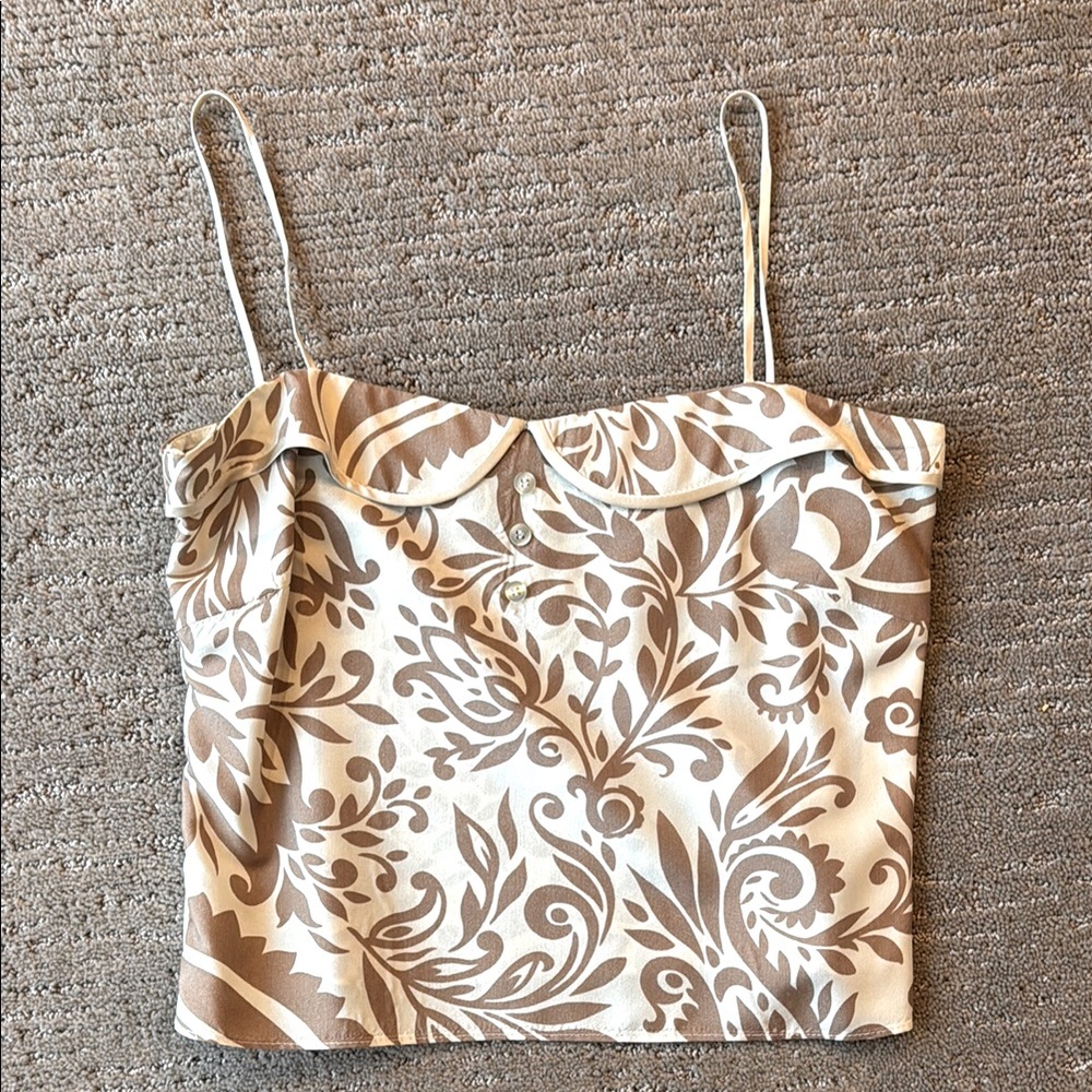 Lela Rose Floral Brown and Cream Silk Top